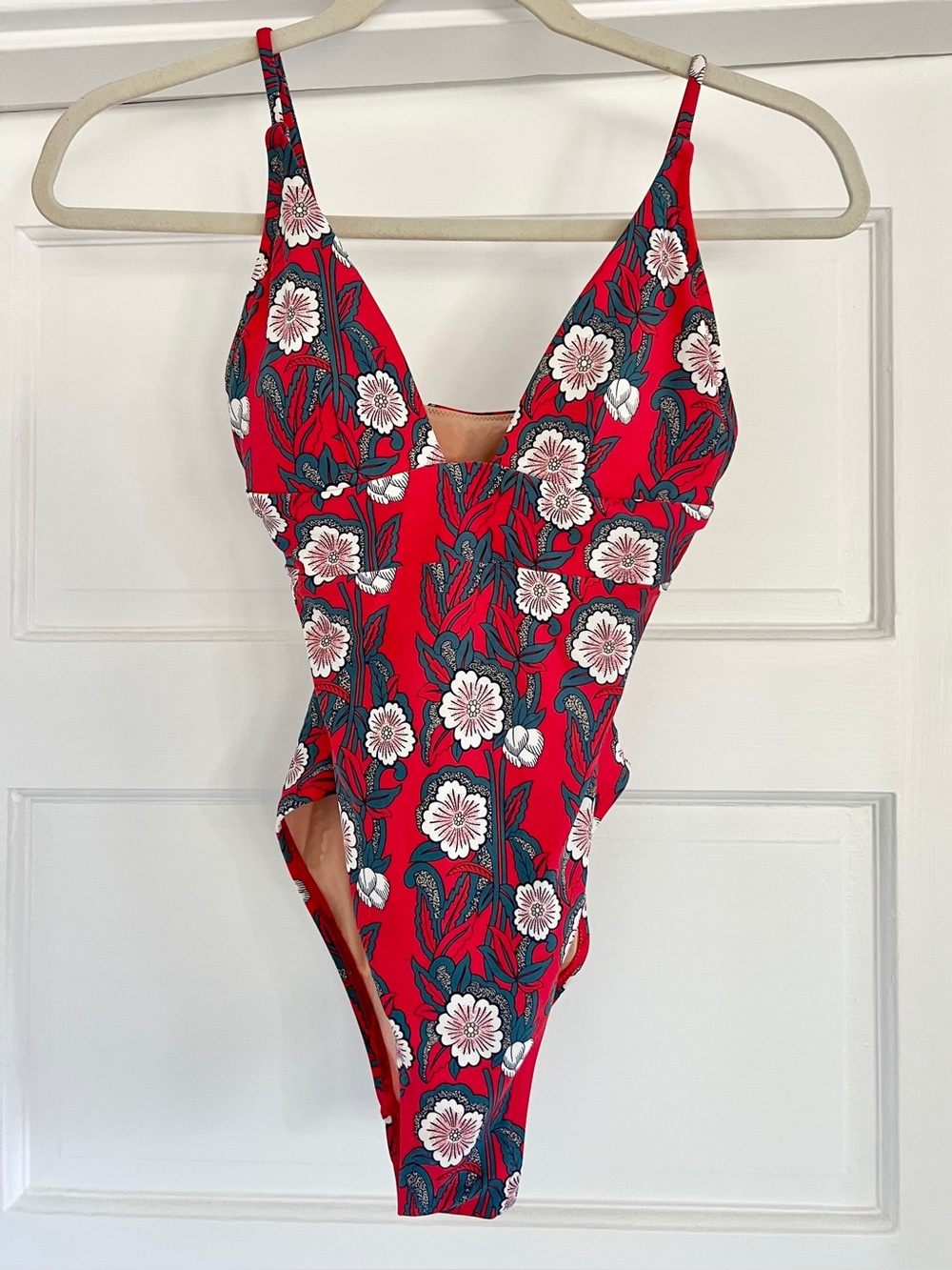 J. Crew Poppy Print Deep V-Neck French One Piece Swimsuit Bathing Suit Size 0 XS